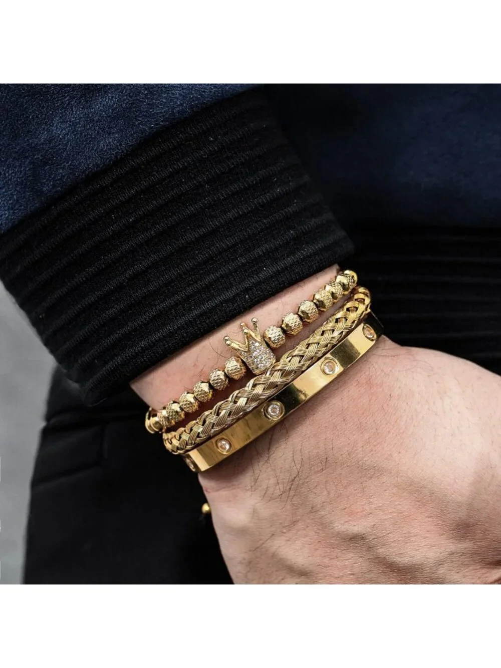 3PCS Adjustable Gold Stainless Steel Crown Bracelets for Men - Luxury Roman